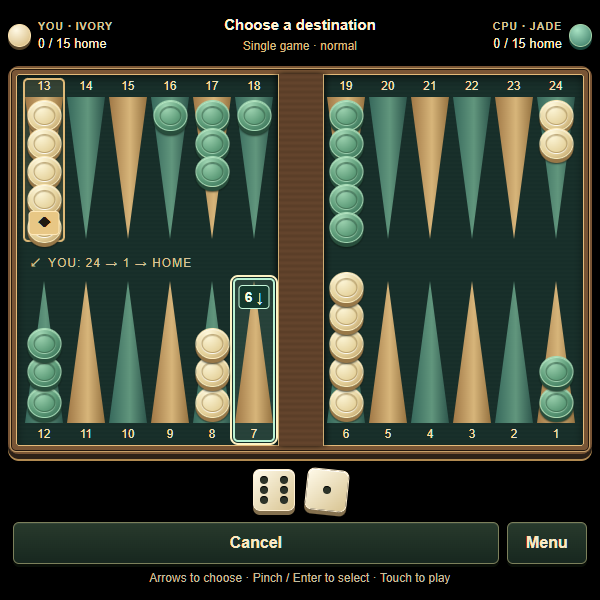 Backgammon board with dimensional checkers, rolled dice and a selected move.