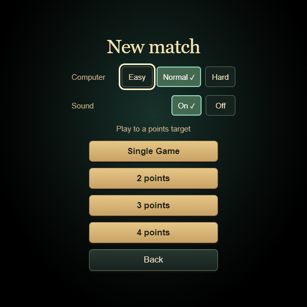 Backgammon setup with match lengths and sound options.