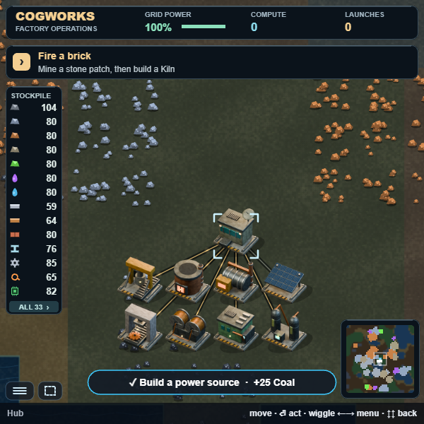 A CogWorks factory with miners, smelters, power and component machines