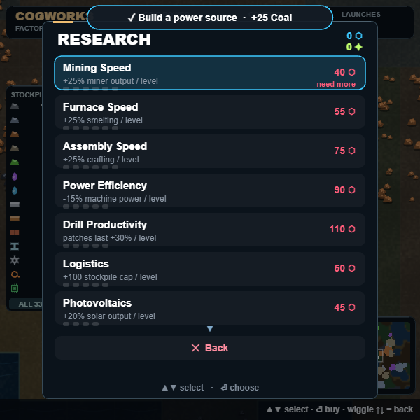 CogWorks research upgrades for mining, smelting, power and factory efficiency