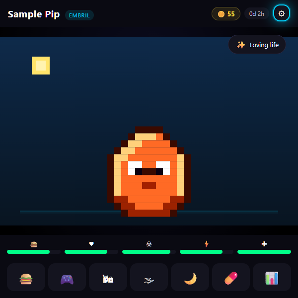 Display Pet care screen with a sample pet named Pip