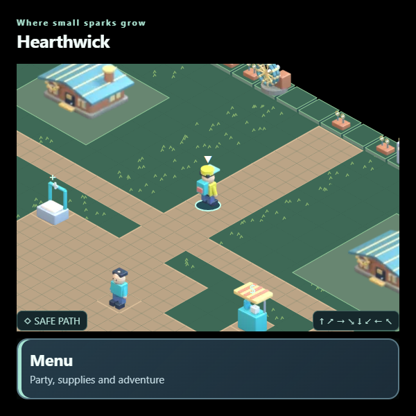 EyeBots exploring Hearthwick, with workshops, a repair cradle and colorful robot-world scenery