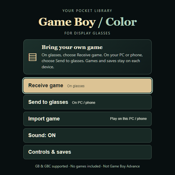 Game Boy emulator menu with Receive game and Send to glasses