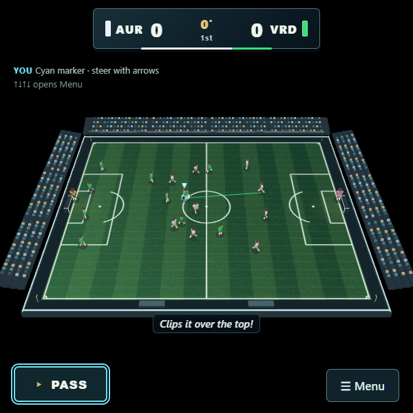 GlassPitch match with the full soccer pitch, teams, score and contextual action button.