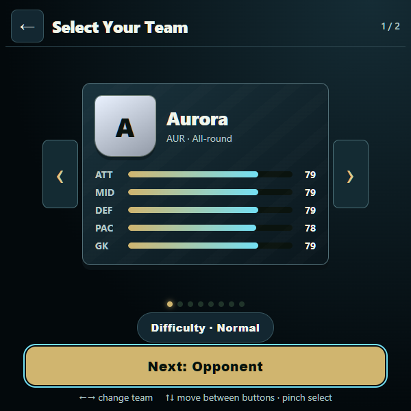 GlassPitch team selector with club kit, ratings and match difficulty.