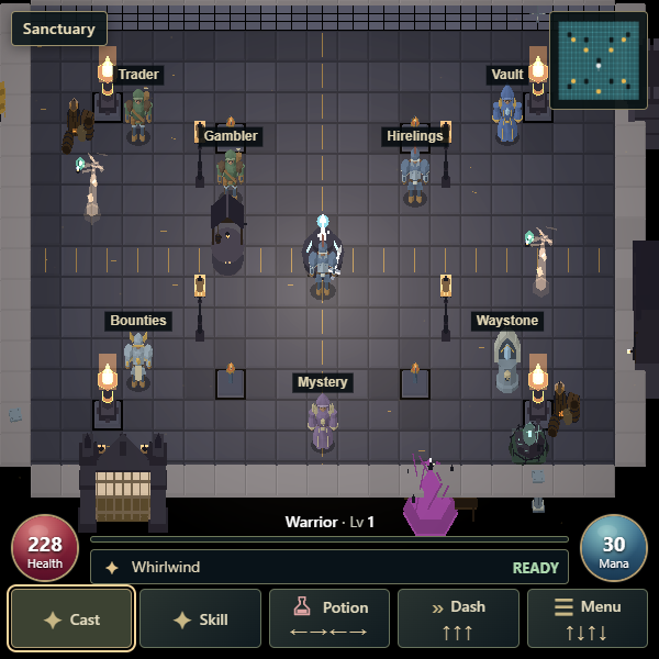 HollowLight Sanctuary with a Warrior, town characters, portal, minimap and skill controls.