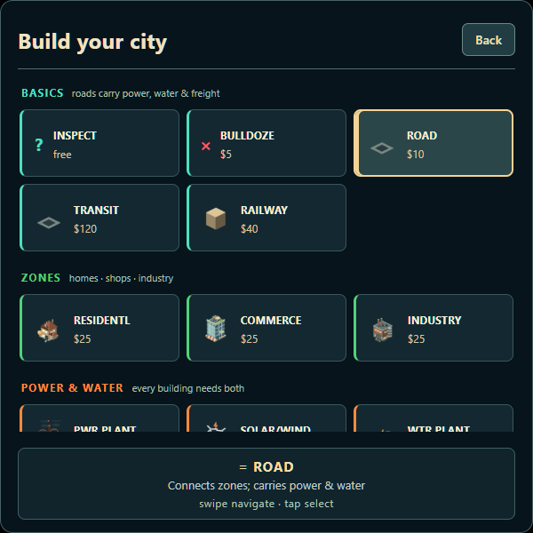 Vitropolis building palette with illustrated roads, zones and city services
