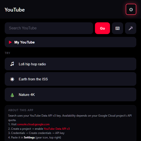 YouTube Viewer search home with preset searches and glasses keyboard controls